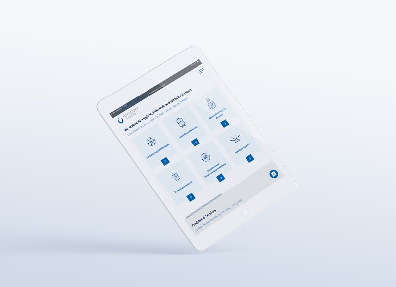Responsiven Darstellung der Website für die Schweitzer-Chemie in einem schräg stehenden Tablet auf hellblauem Hintergrund. Dargestellt werden die Anwendungsbereiche der Schweitzer-Chemie mit Icons und Benamung.